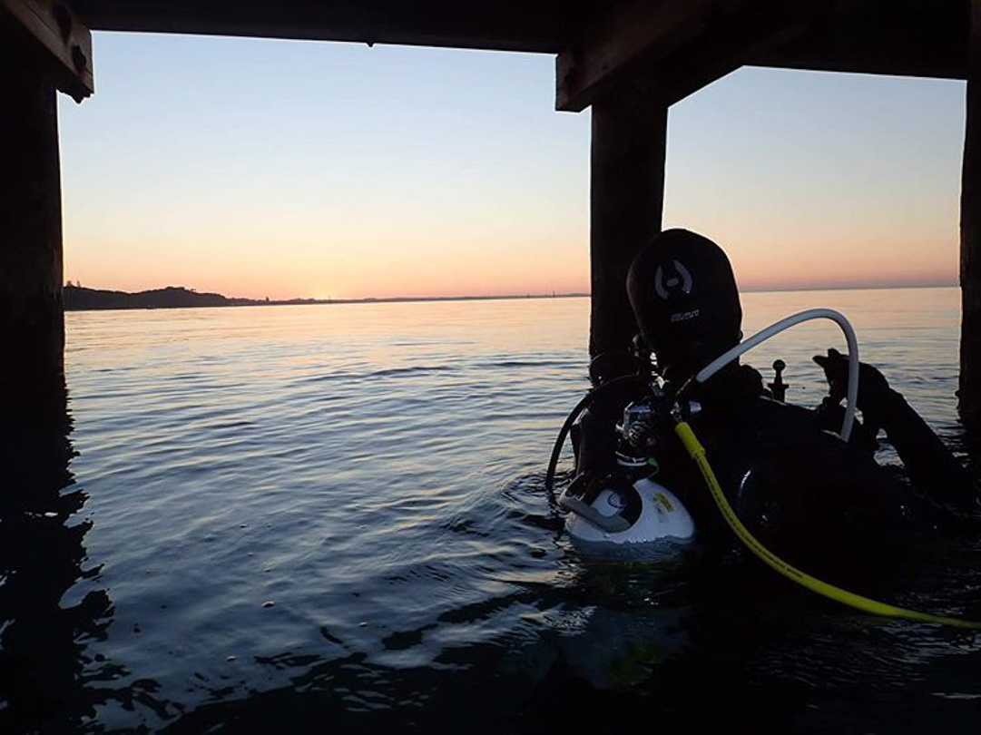 A diver watching the sunset before diving under the jetty in Port Phillip Bay, Melbourne