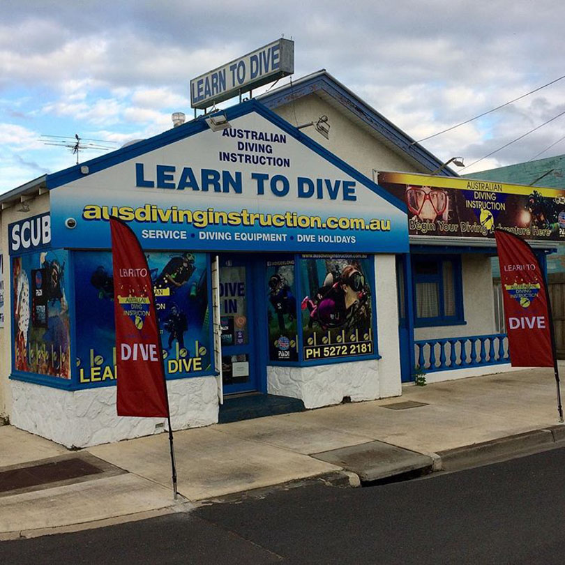 The shop front from the Australian Diving Instruction dive centre, Geelong - Melbourne.