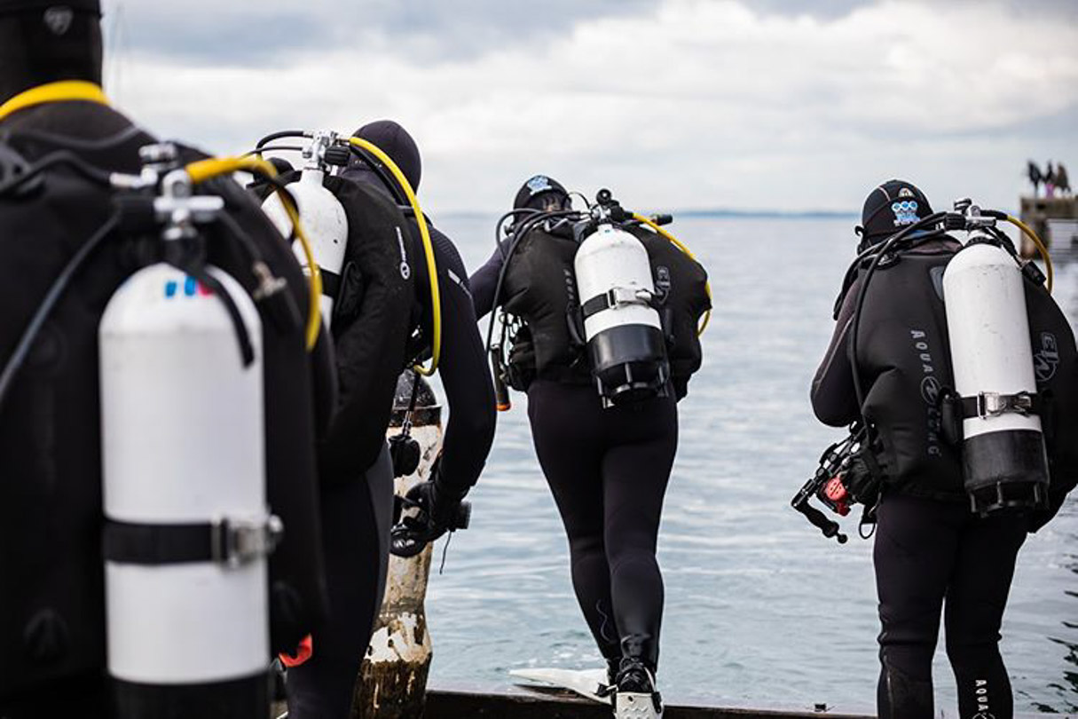 Scuba divers stepping into the ocean as part of a learn to dive course with Bay City Scuba dive centre, Geelong, Australia.