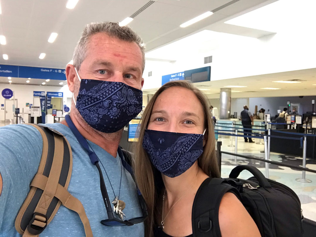 Jon & Jenny from the Galapagos Whale Shark Project about to board a flight to the Galapagos Islands during the COVID pandemic
