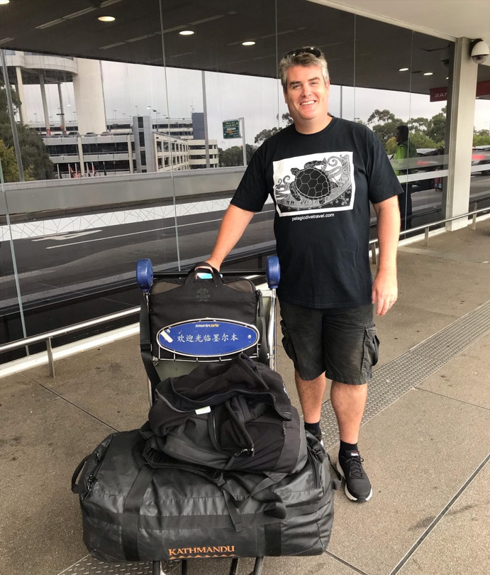 Terry Smith from Pelagic Dive Travel, ready to depart on the first overseas trip since COVID hit two years ago. Thailand here we come!